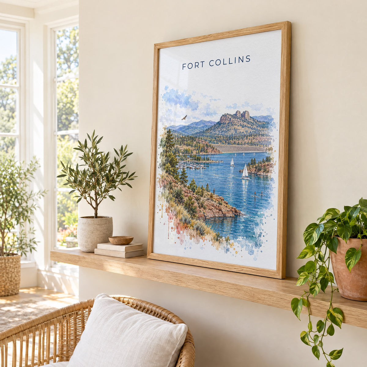 Fort Collins watercolor print in an oak frame on a picture ledge in a sunlit sunroom