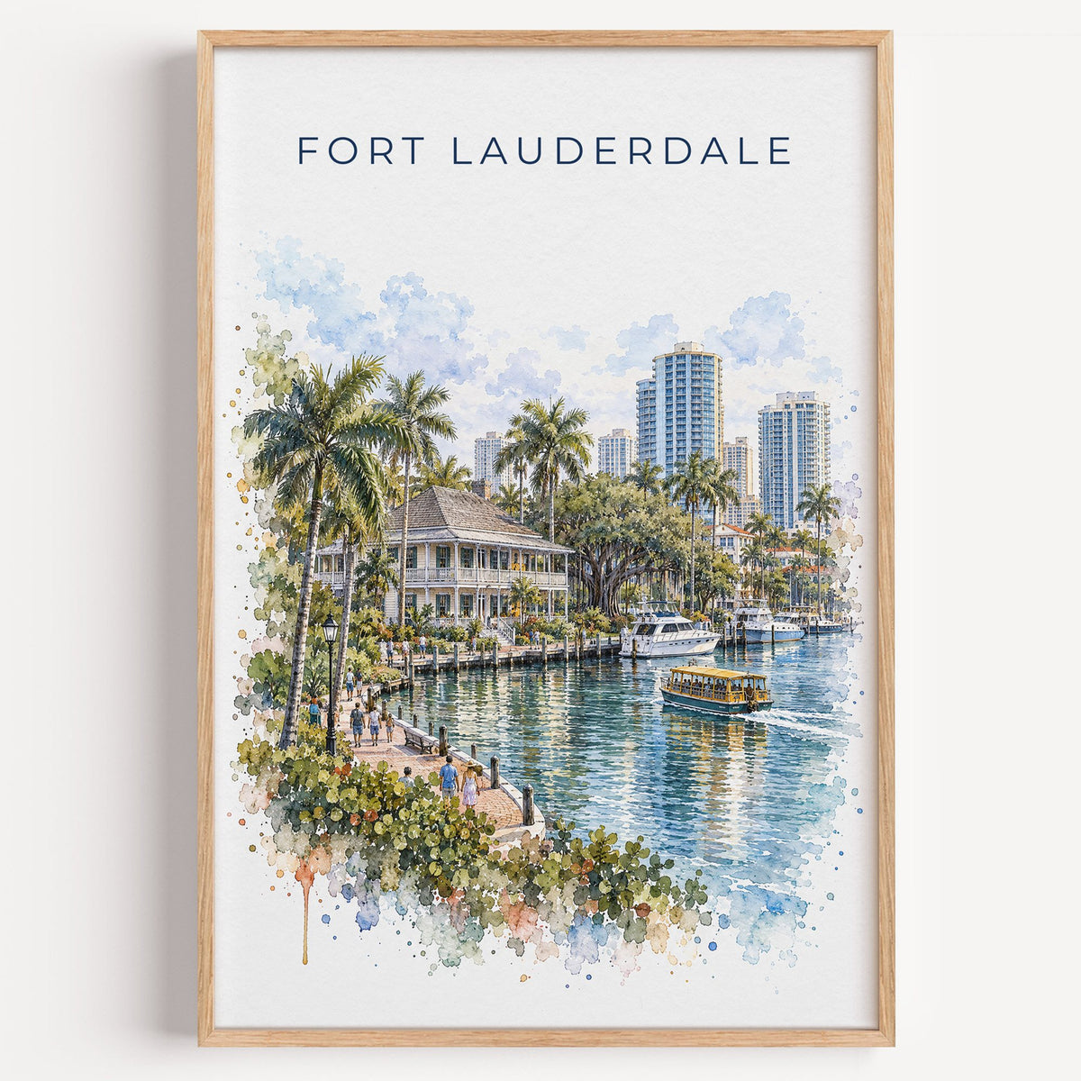 Fort Lauderdale watercolor print in a light oak frame on a plain white wall