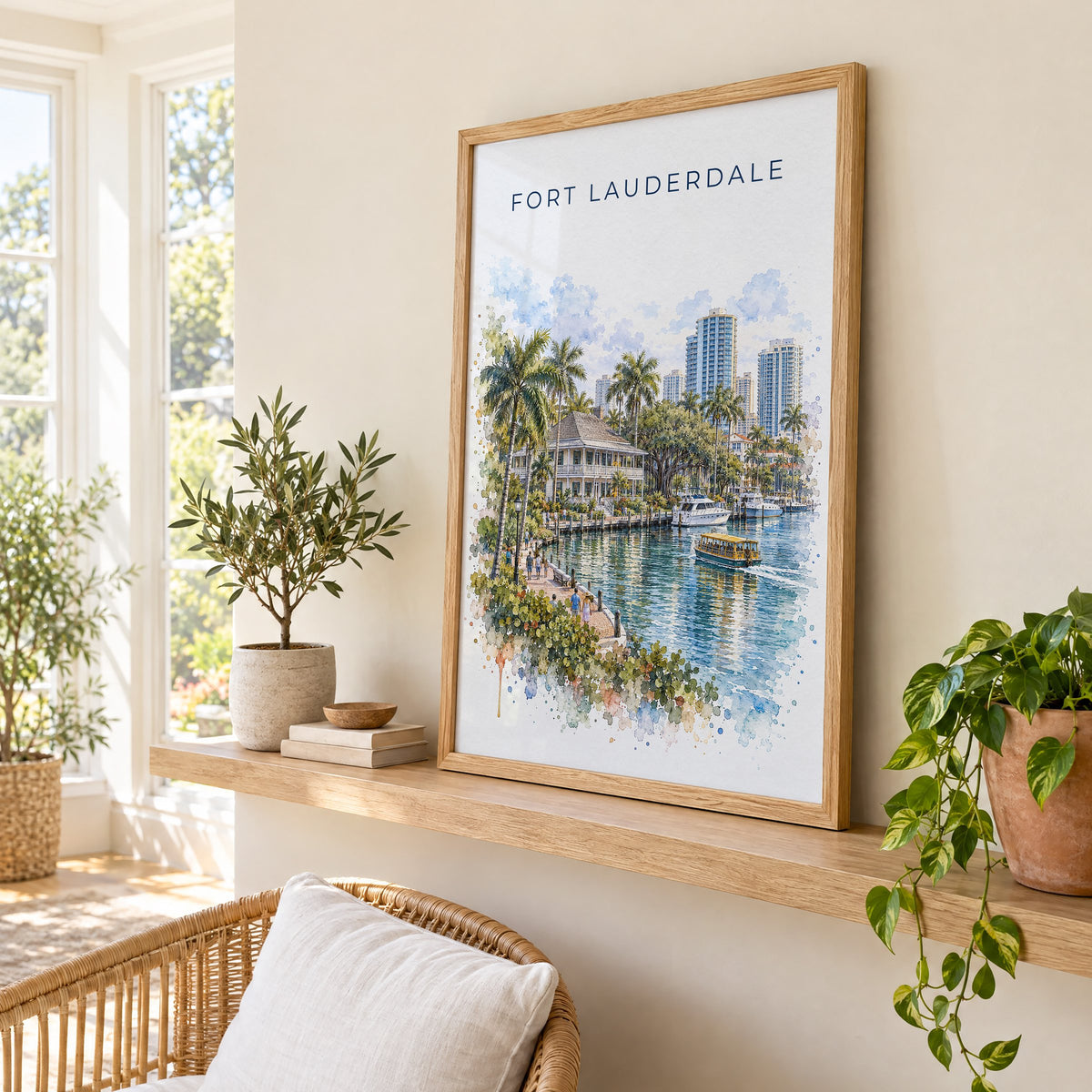 Fort Lauderdale watercolor print in an oak frame on a picture ledge in a sunlit sunroom