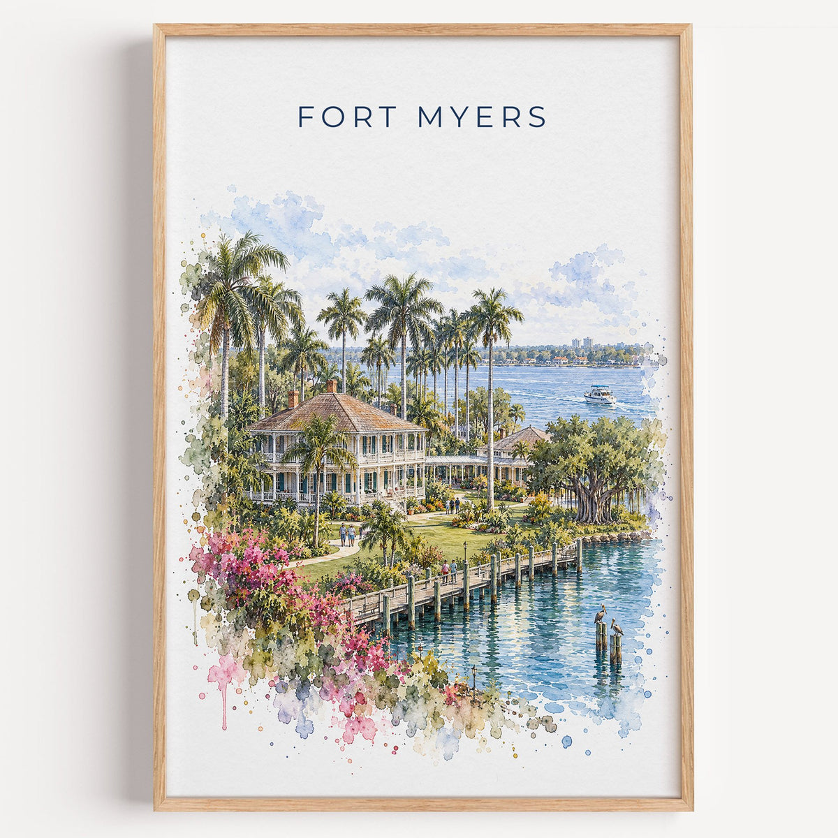 Fort Myers watercolor print in a light oak frame on a plain white wall
