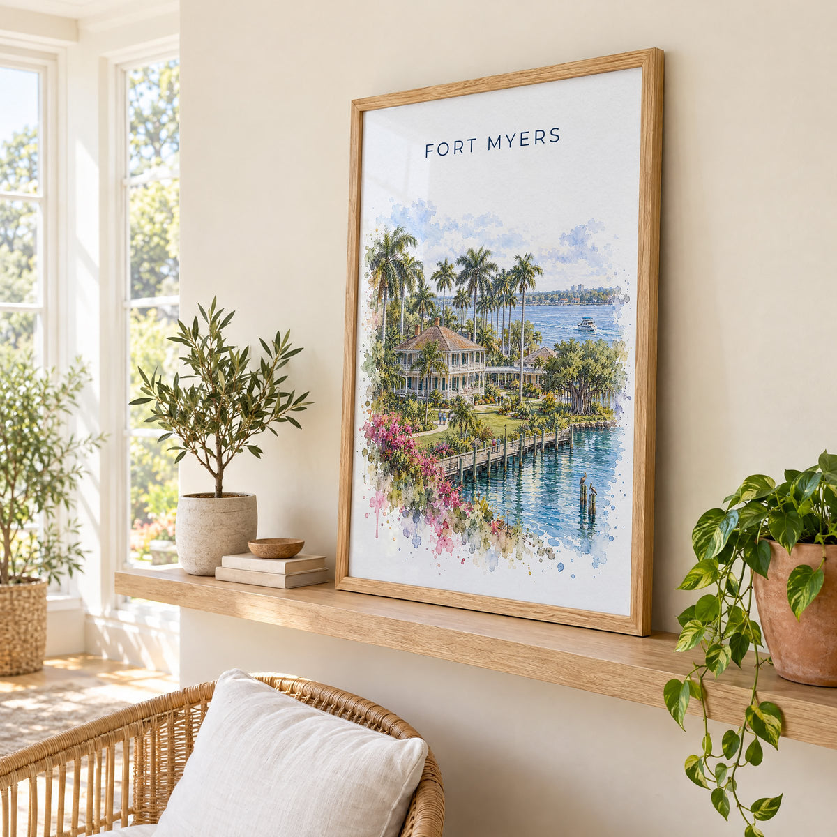 Fort Myers watercolor print in an oak frame on a picture ledge in a sunlit sunroom