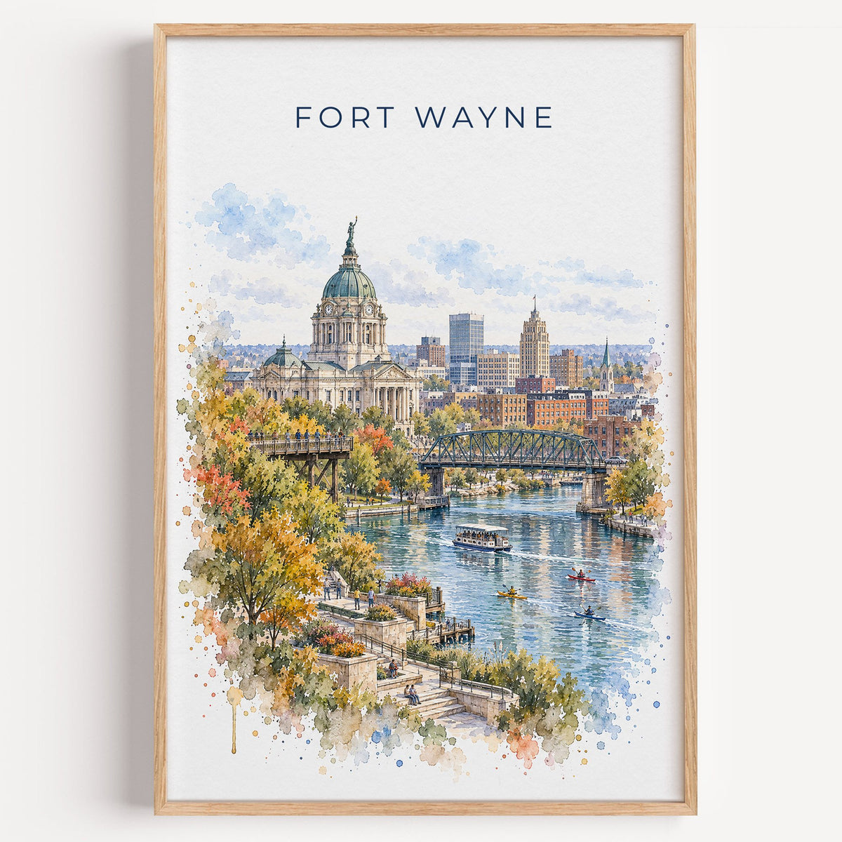 Fort Wayne watercolor print in a light oak frame on a plain white wall
