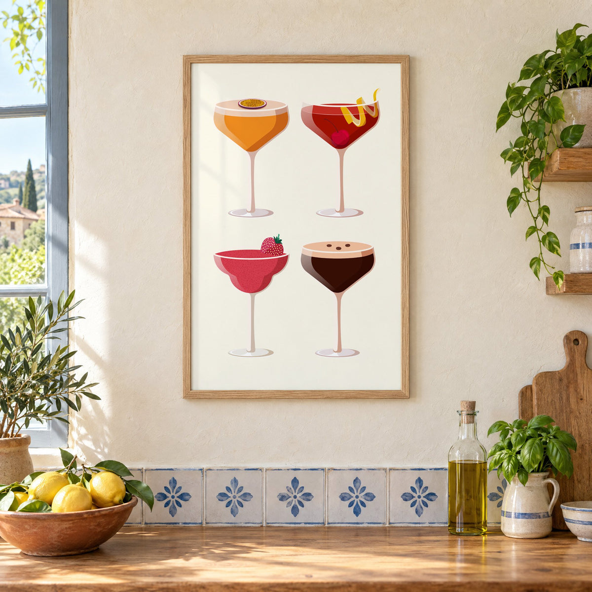Four coupe cocktails two-by-two grid print in an oak frame on a cream plaster wall above a worktop with a bowl of lemons and blue-and-white tiles