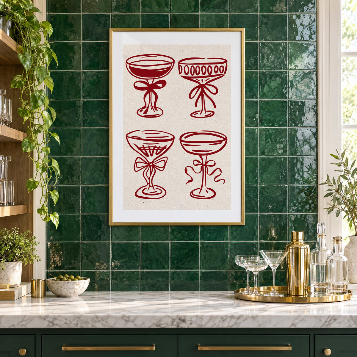 Four red coupe glasses with bows print in a brass frame on emerald green tiles above a home bar with coupe glasses