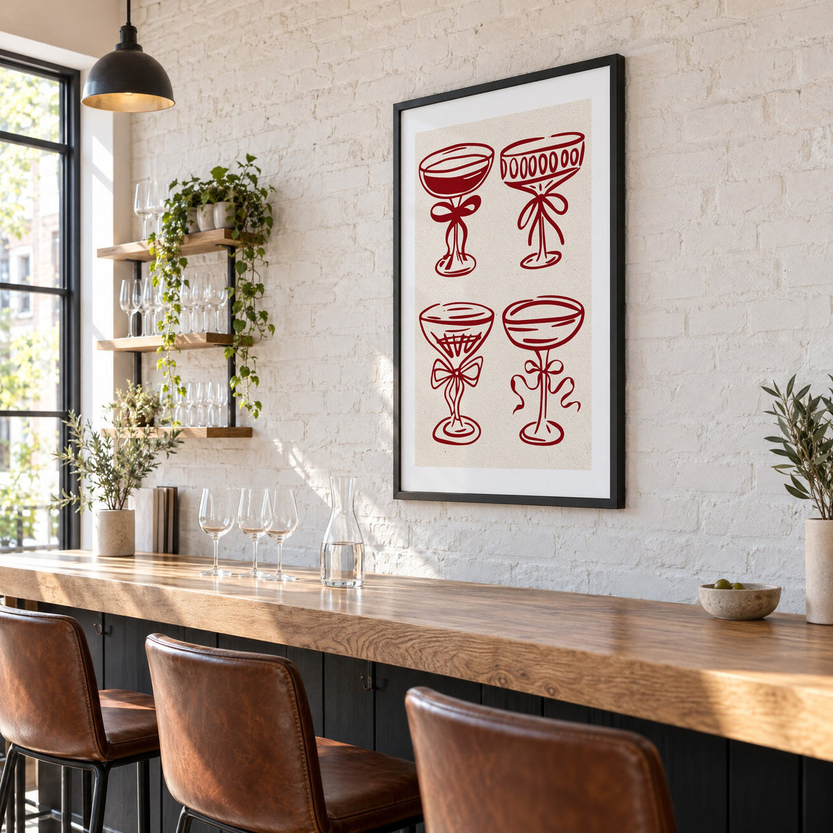 Four red coupe glasses with bows print in a black frame on a white brick wall above a wine bar counter
