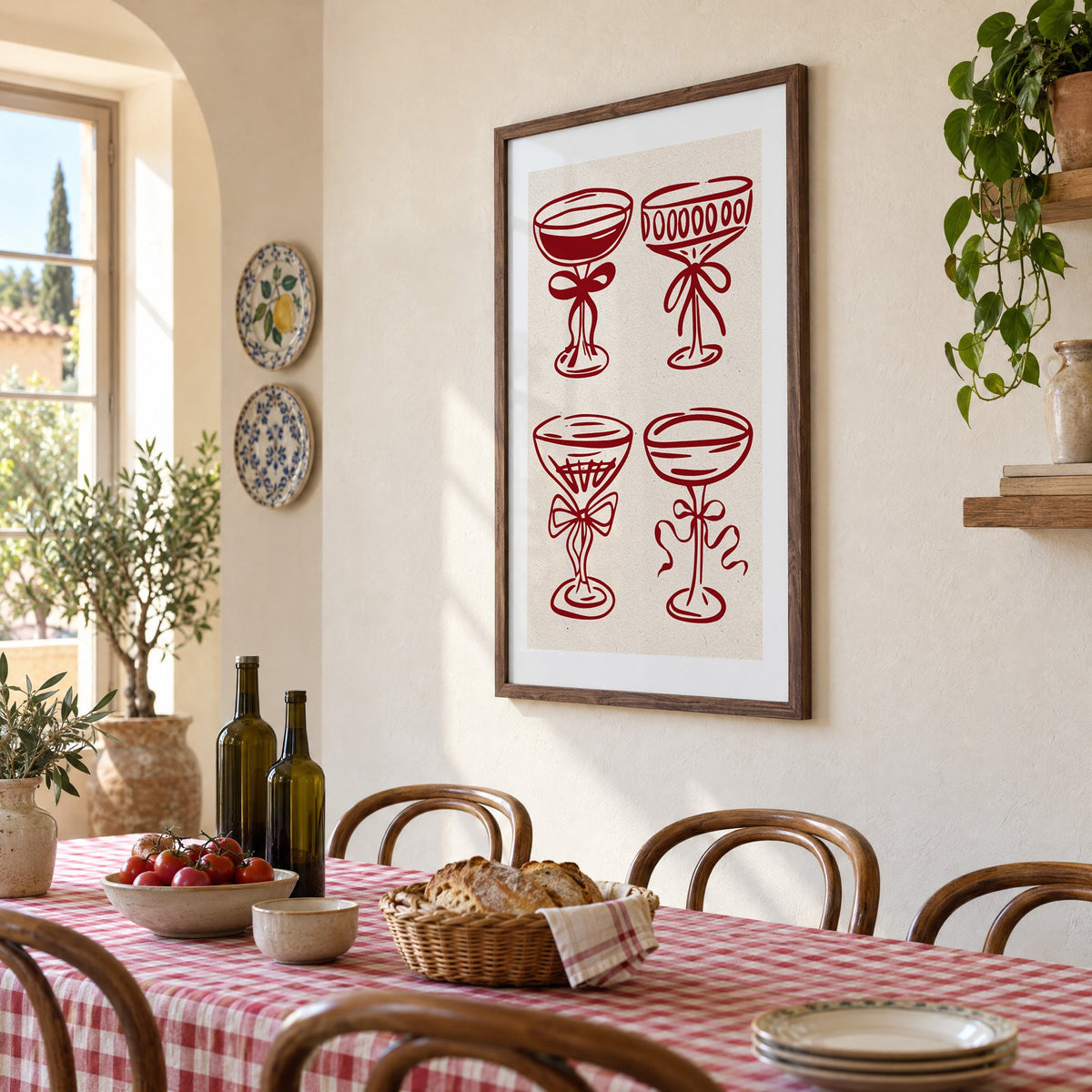 Four red coupe glasses with bows print in a walnut frame above a gingham-covered trattoria table, seen at an angle