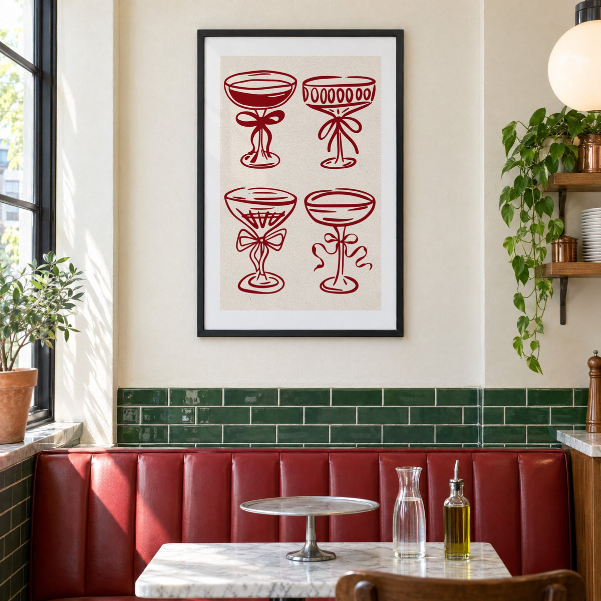 Four red coupe glasses with bows print in a black frame above a red leather booth in a sunny pizzeria