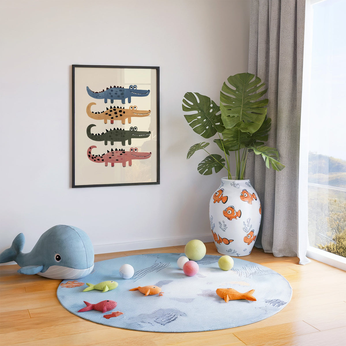 Four stacked crocodiles nursery print in a black frame in a playroom with an ocean rug and whale plush