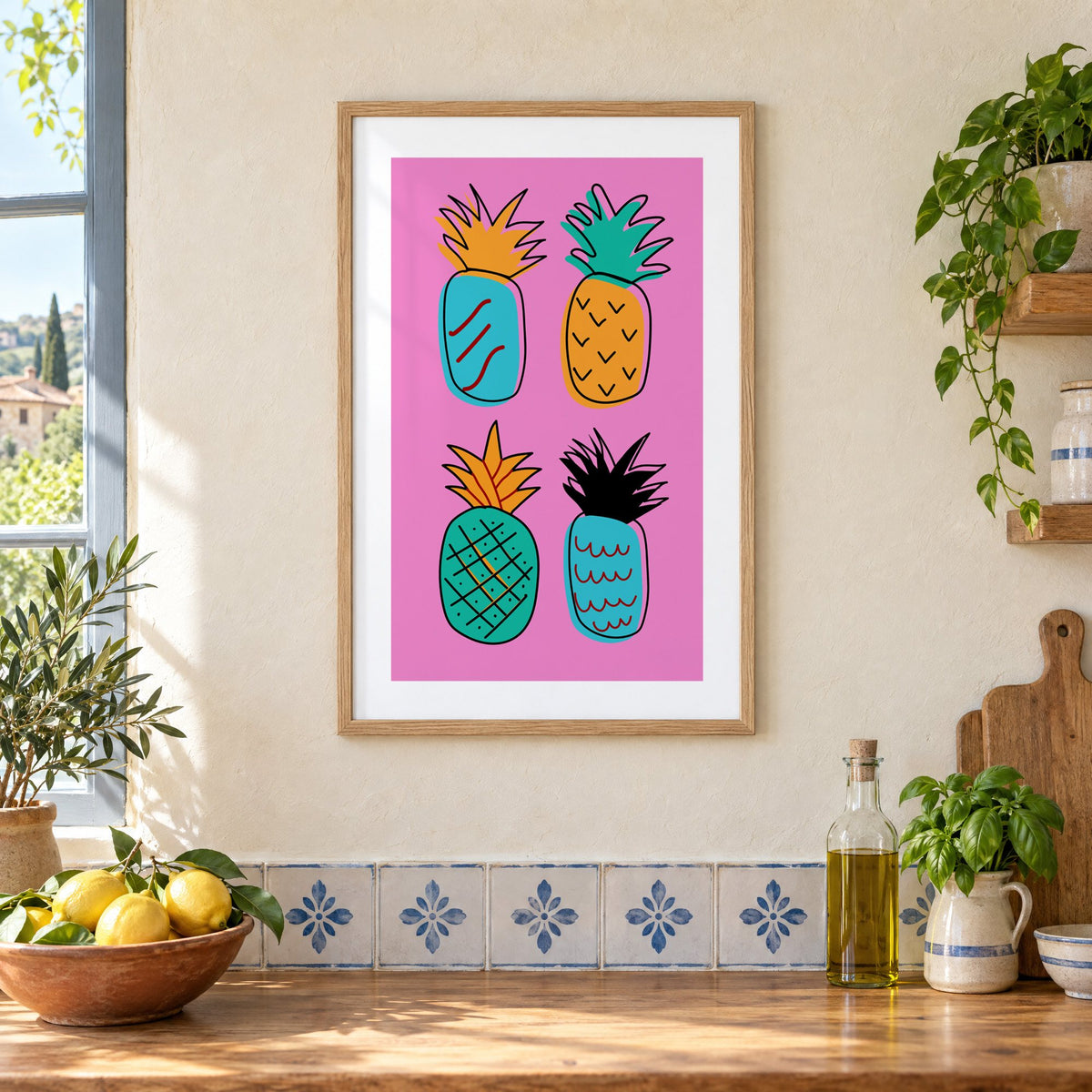 four patterned doodle pineapples hot pink print in an oak frame on a cream plaster wall above a worktop with a bowl of lemons and blue-and-white tiles