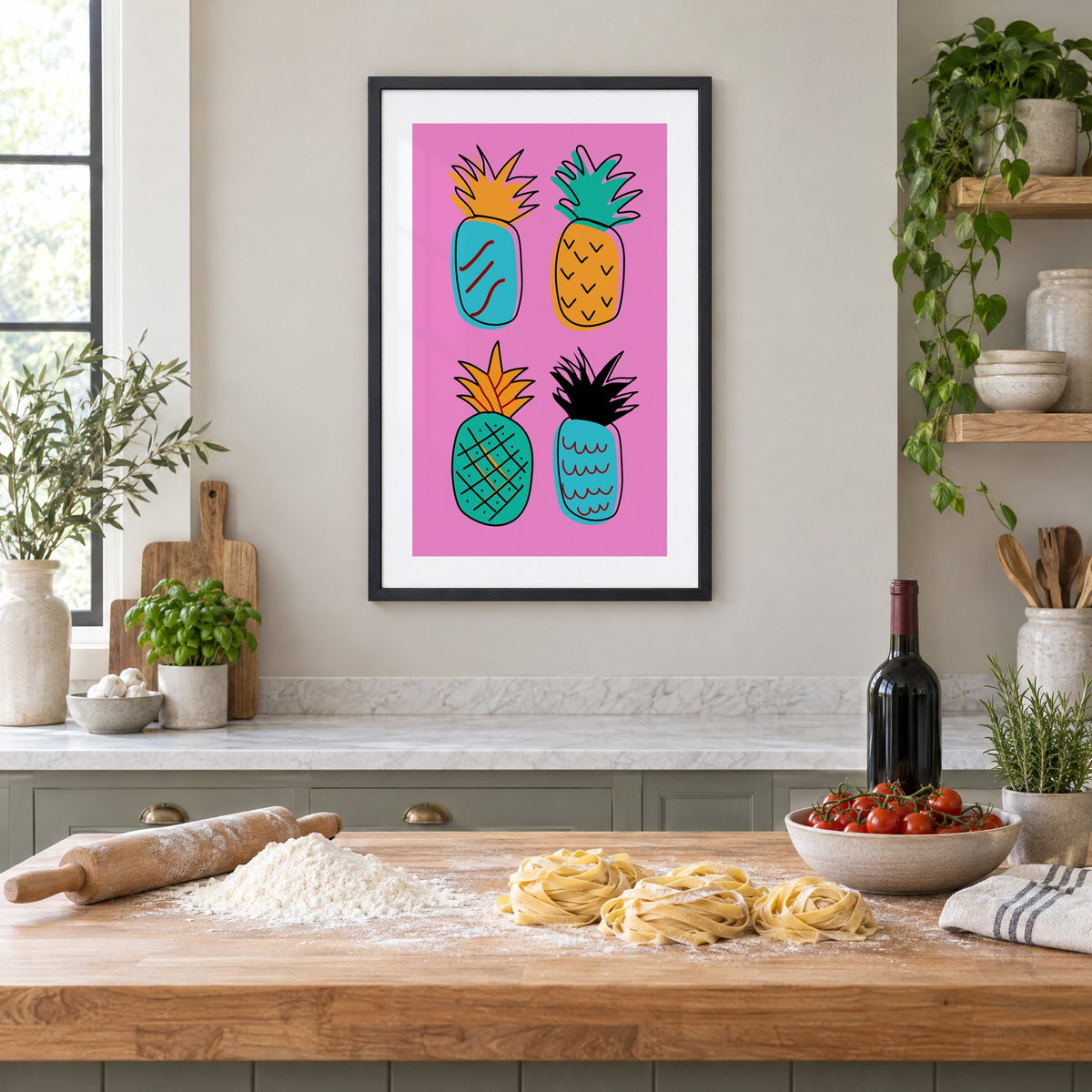 four patterned doodle pineapples hot pink print in a black frame above a butcher-block island with fresh pasta, flour and cherry tomatoes