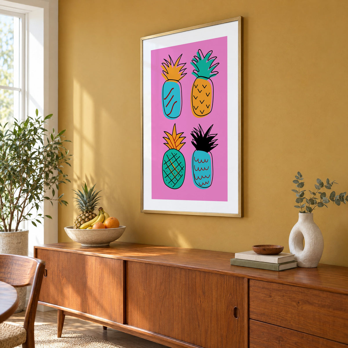 four patterned doodle pineapples hot pink print in a brass frame on a mustard wall above a teak sideboard with a fruit bowl, seen at an angle