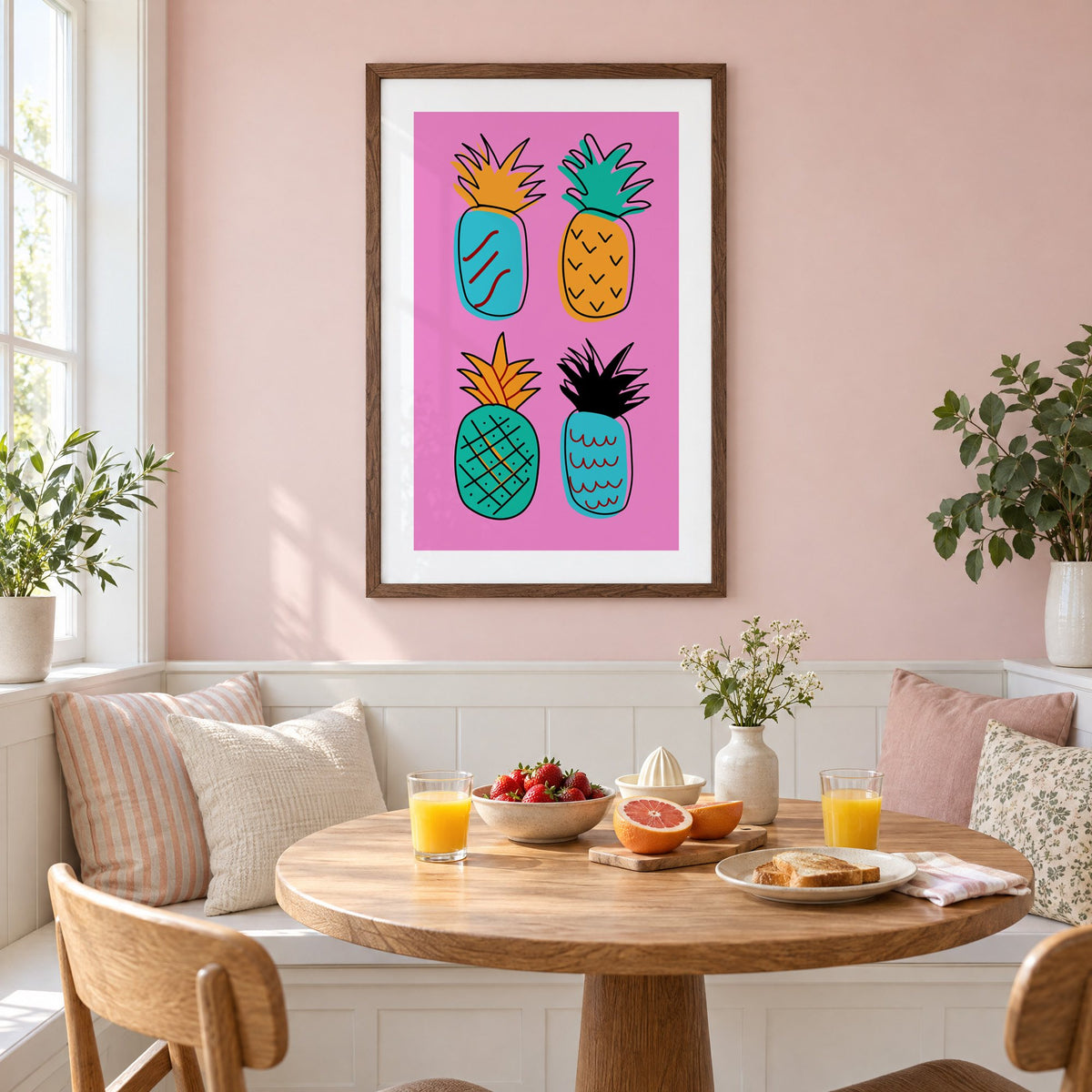 four patterned doodle pineapples hot pink print in a walnut frame on a pastel pink wall above a breakfast nook with strawberries and orange juice