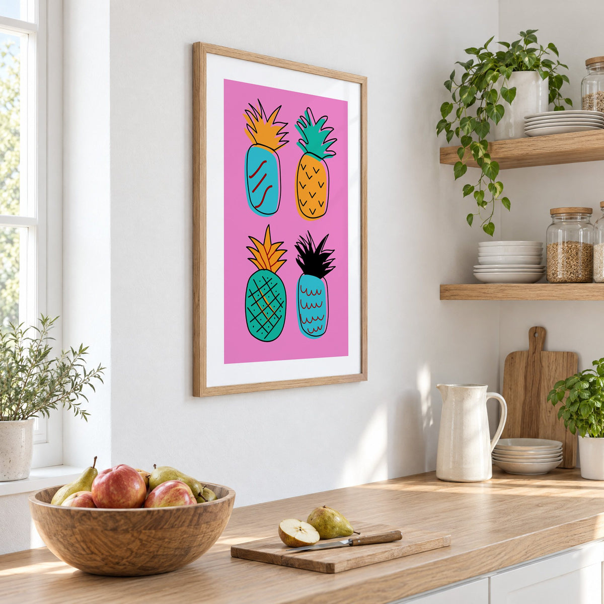 four patterned doodle pineapples hot pink print in an oak frame on a white kitchen wall above a counter with apples and pears, seen at an angle