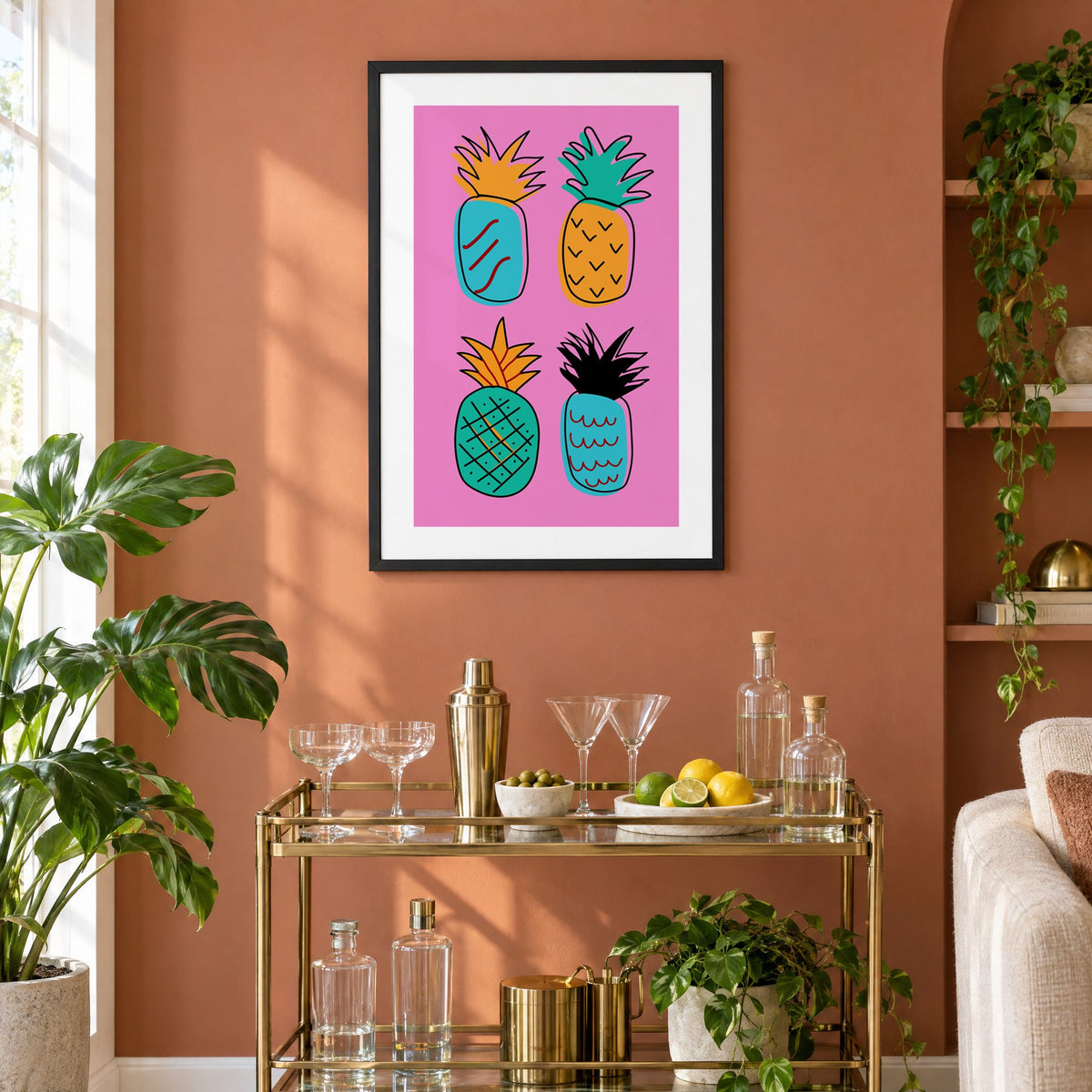 four patterned doodle pineapples hot pink print in a black frame on a terracotta wall above a brass bar cart with coupes and citrus