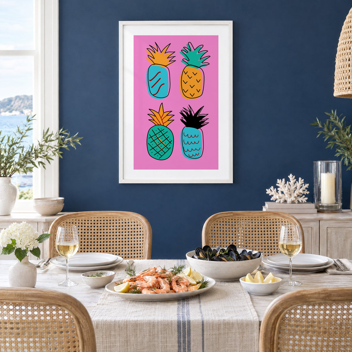 four patterned doodle pineapples hot pink print in a white frame on a navy wall above a dining table set with shrimp and mussels