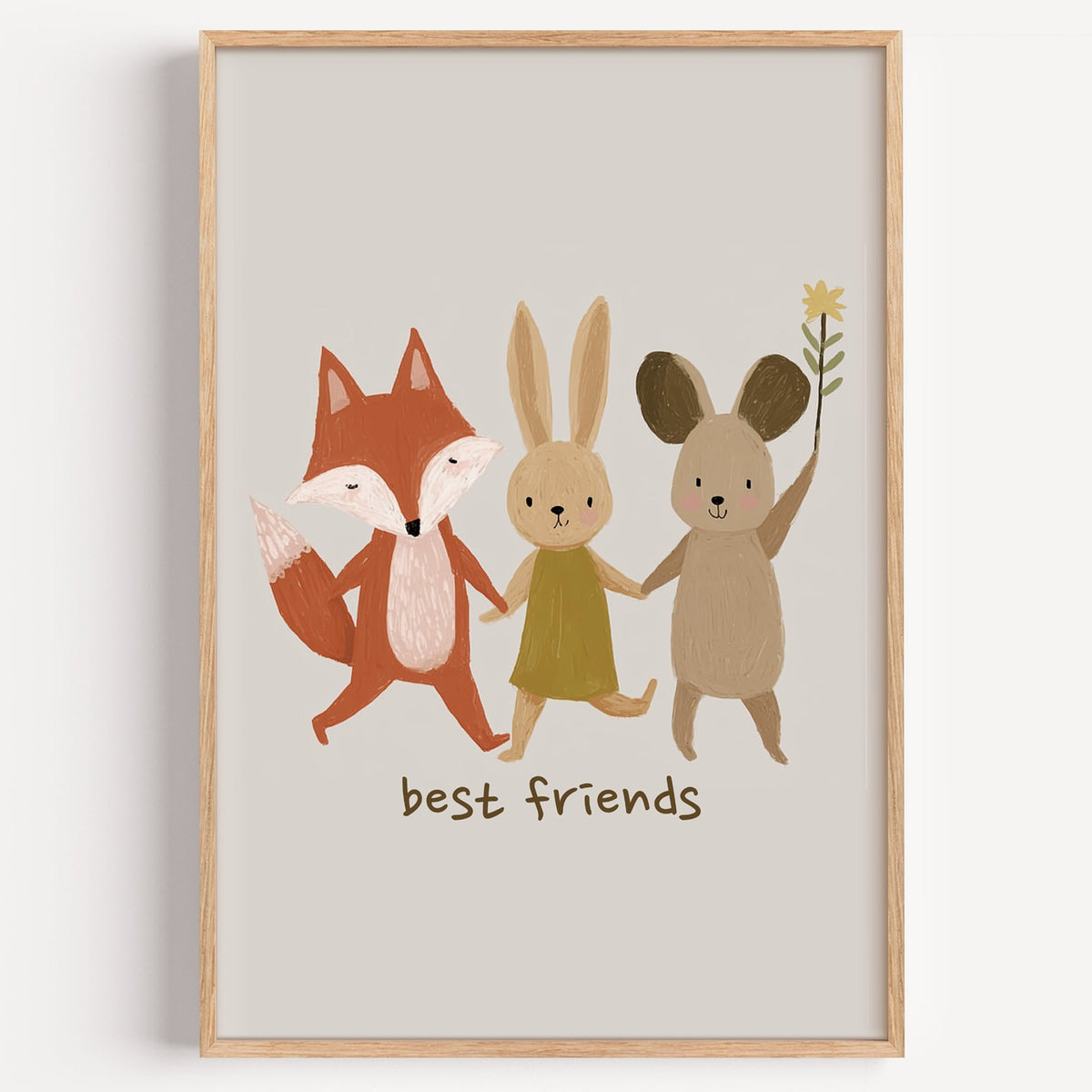 Fox bunny mouse best friends nursery print in a light oak frame on a plain white wall