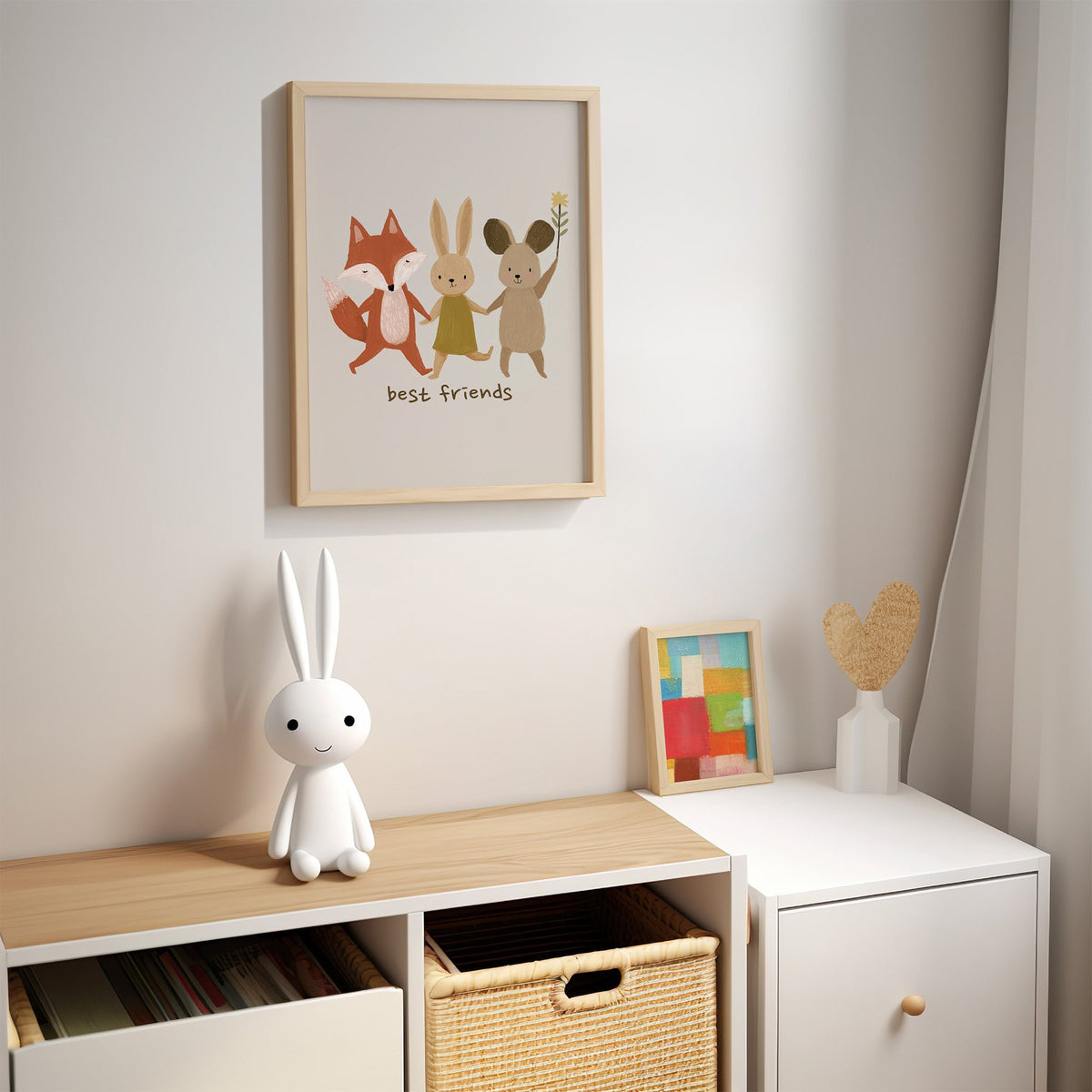 Fox bunny mouse best friends nursery print in an oak frame above a kids cubby shelf with a woven basket and bunny lamp