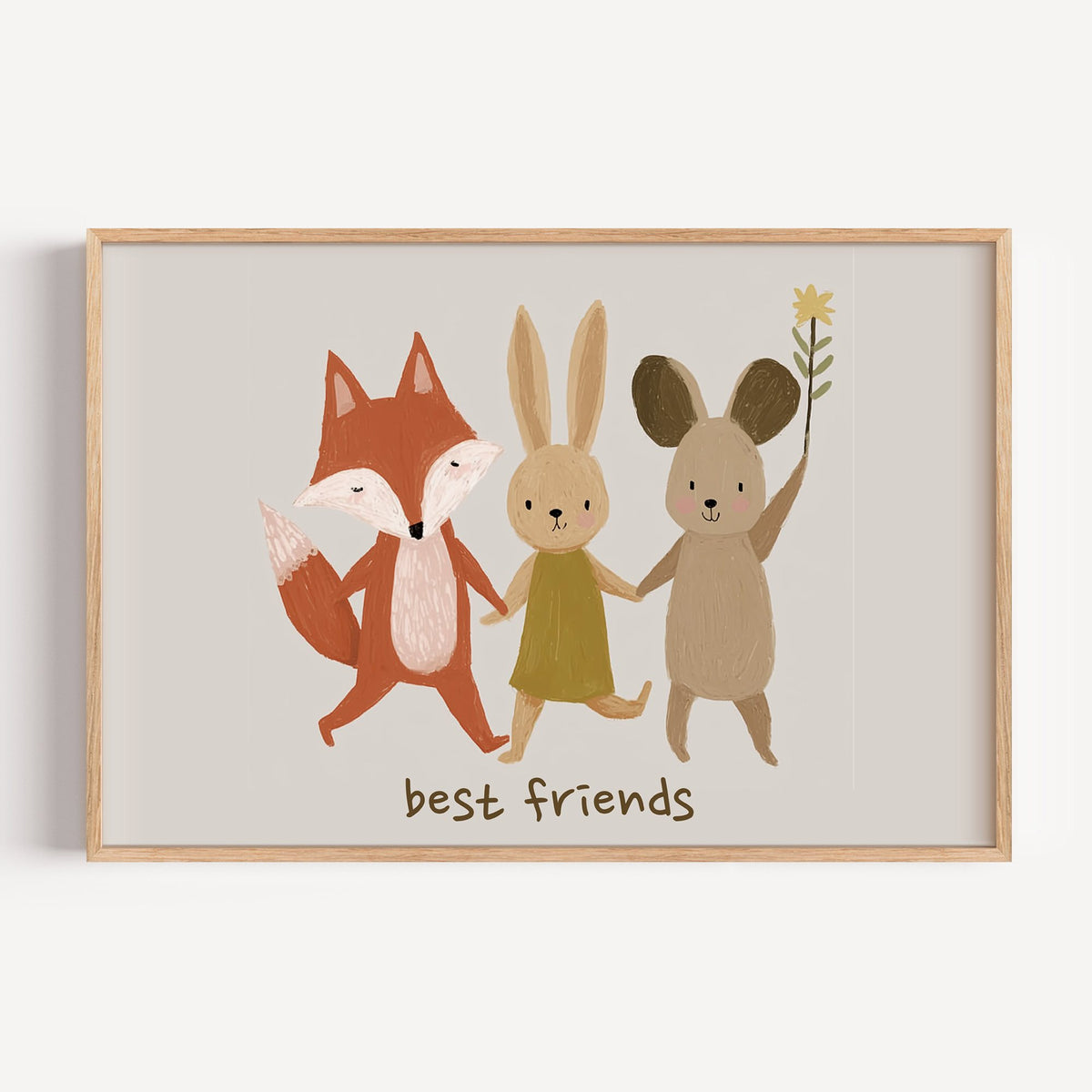 Landscape fox bunny mouse best friends nursery print in a light oak frame on a plain white wall