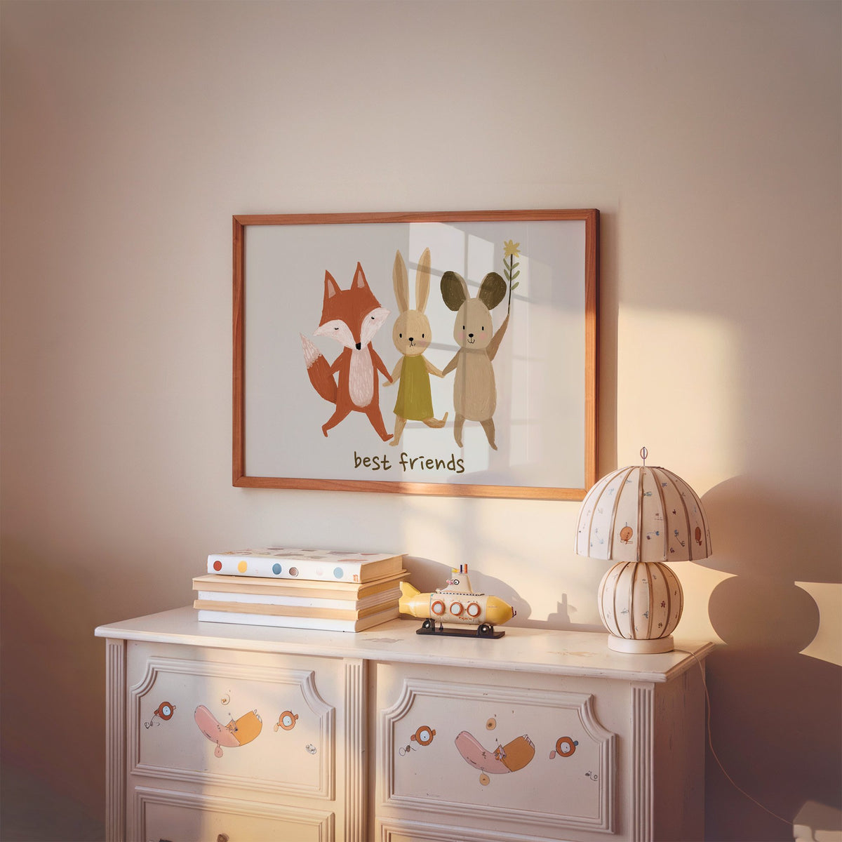 Landscape fox bunny mouse best friends nursery print in a cherry wood frame above a painted dresser and lamp