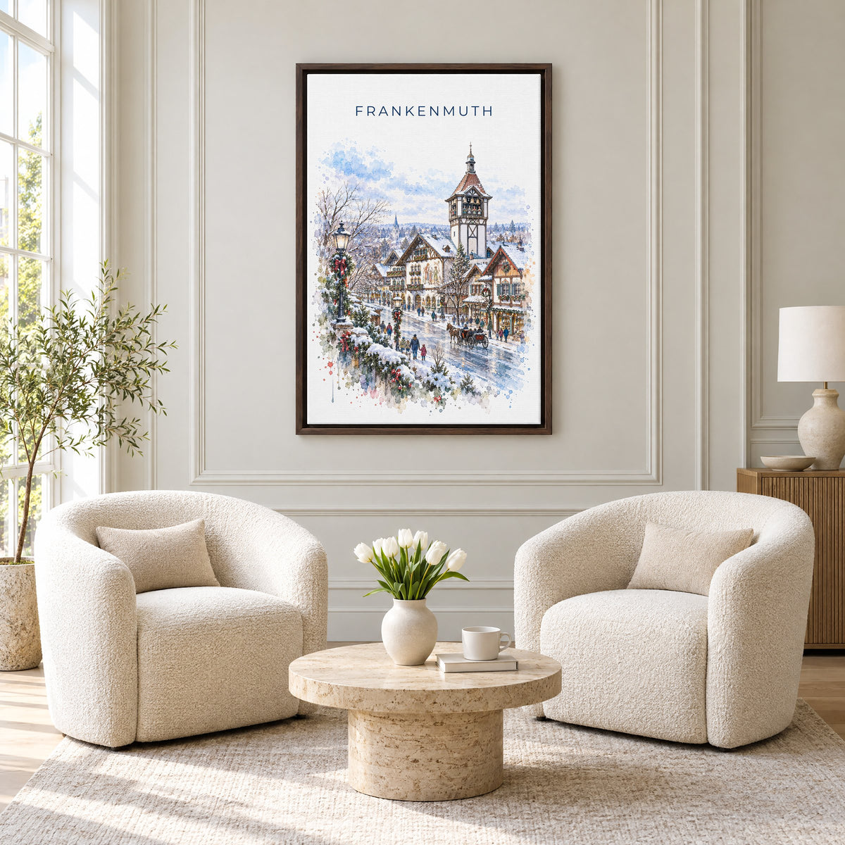 Frankenmuth watercolor print as an espresso floater canvas above two boucle armchairs in a hotel lounge