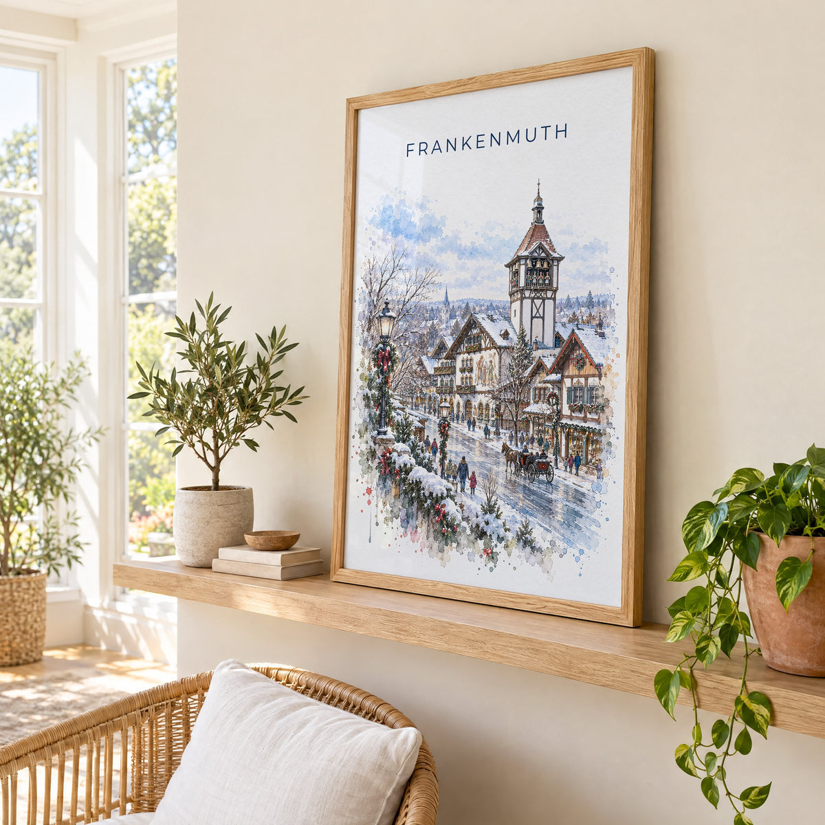 Frankenmuth watercolor print in an oak frame on a picture ledge in a sunlit sunroom