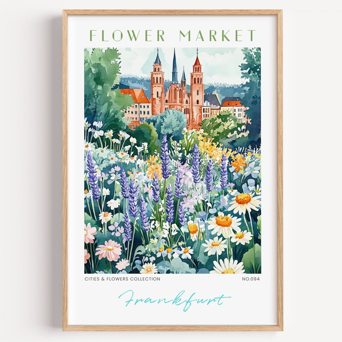 Frankfurt flower market print in a light oak frame on a plain white wall