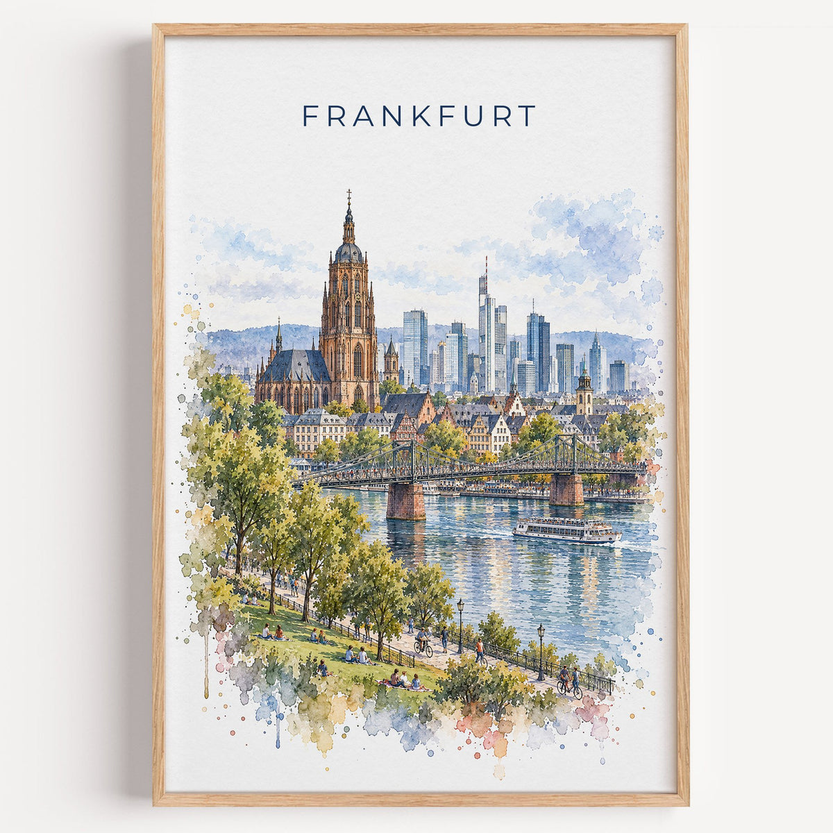 Frankfurt watercolor print in a light oak frame on a plain white wall