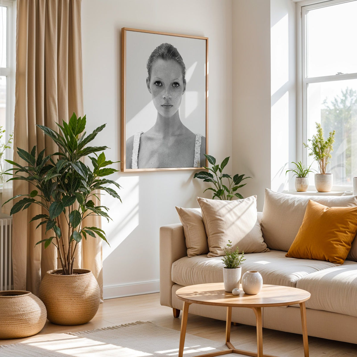 Freckled woman in lace tank top portrait print in an oak frame above a cream sofa beside woven planters