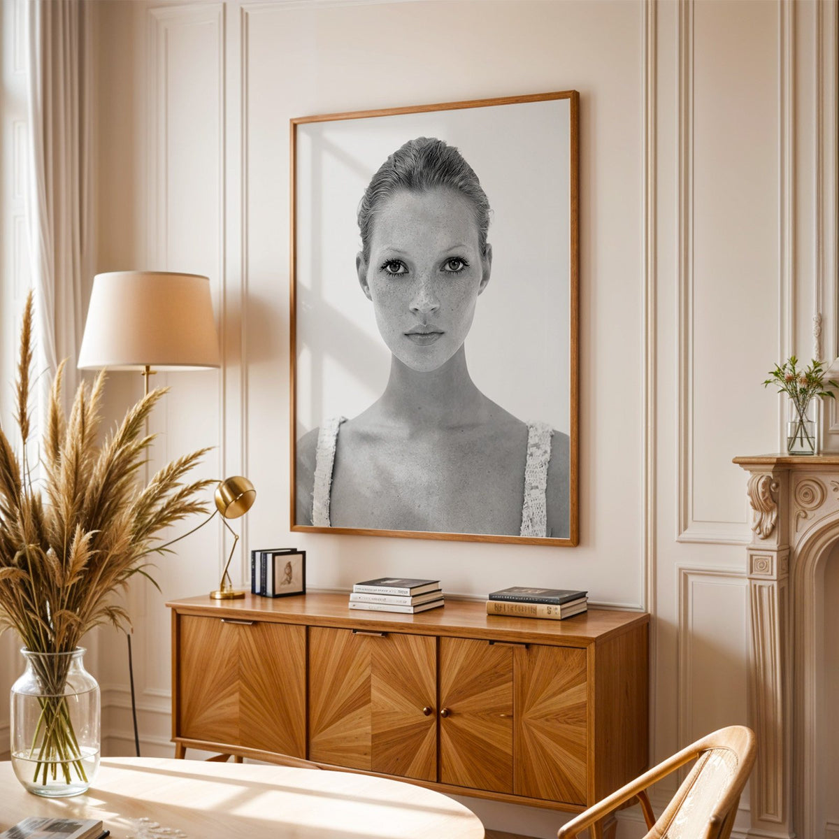 Freckled woman in lace tank top portrait print in an oak frame above a sunburst wood sideboard with pampas grass