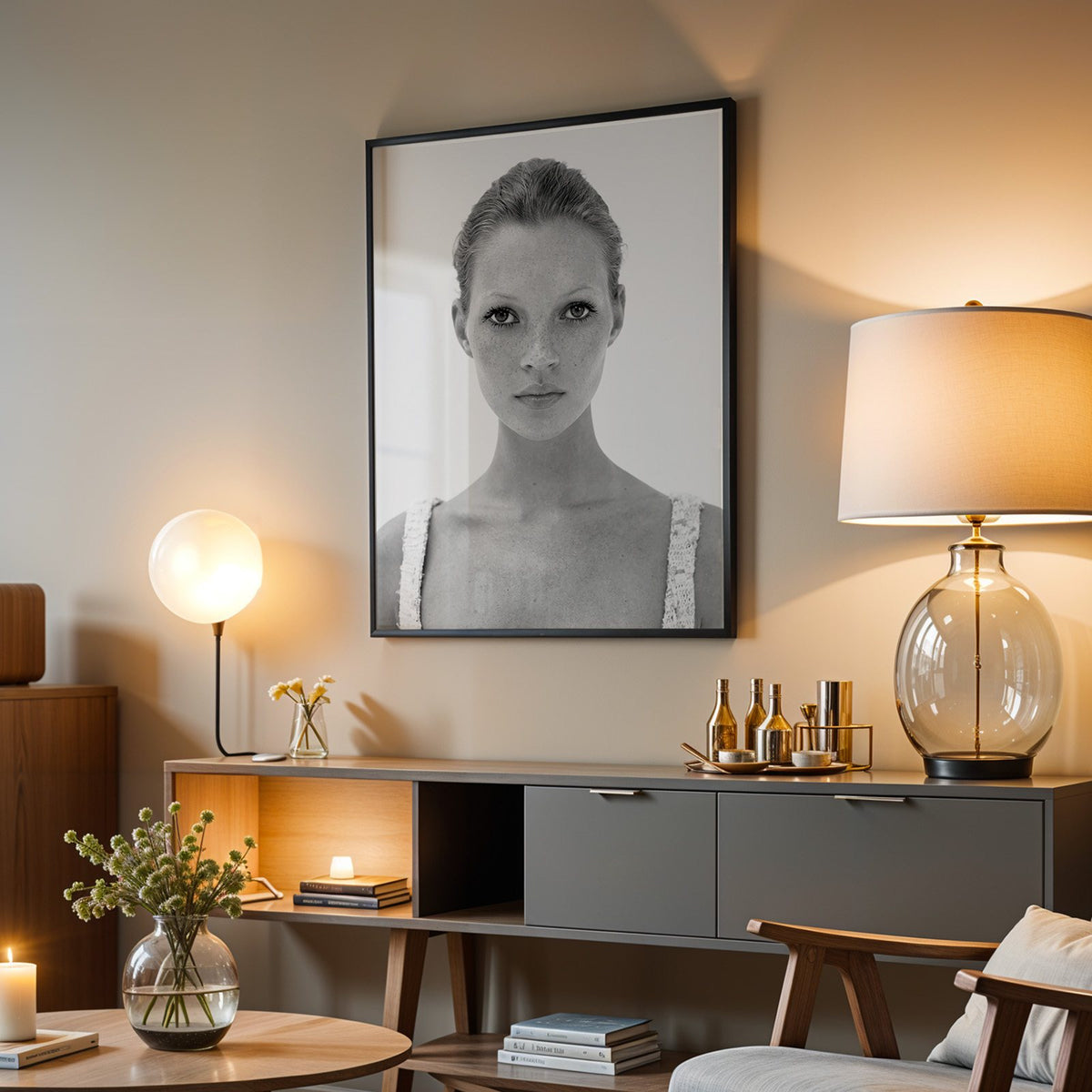 Freckled woman in lace tank top portrait print in a black frame above a grey media console with a glass table lamp