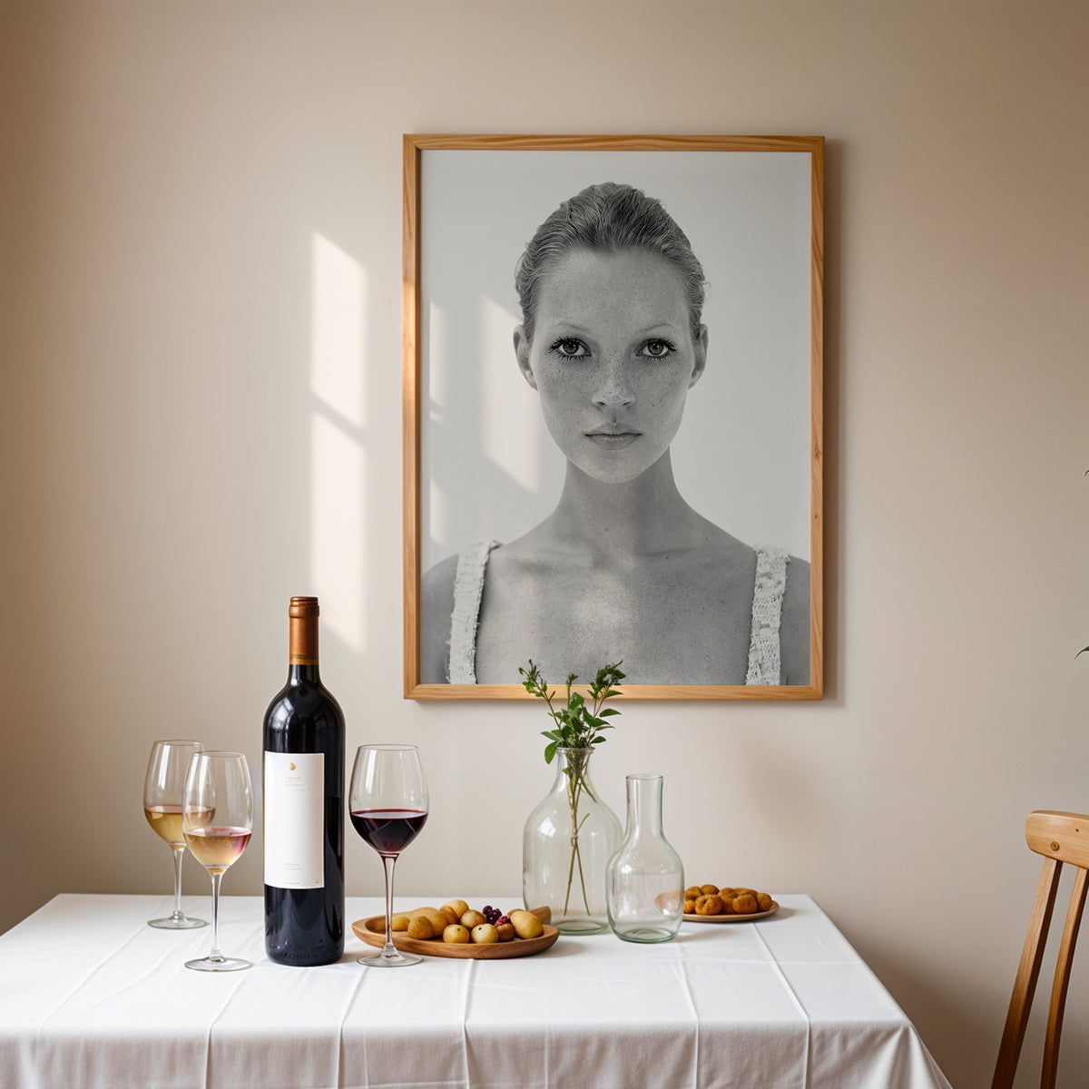 Freckled woman in lace tank top portrait print in an oak frame above a table set with red wine and glasses