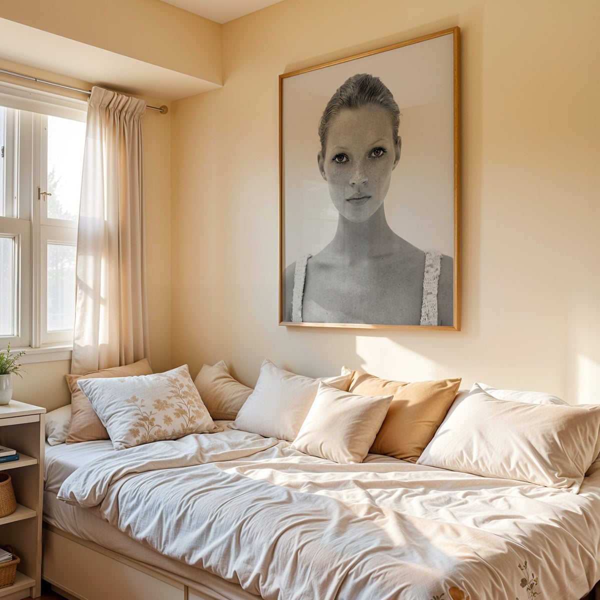 Freckled woman in lace tank top portrait print in an oak frame above a cream daybed in a sunny bedroom