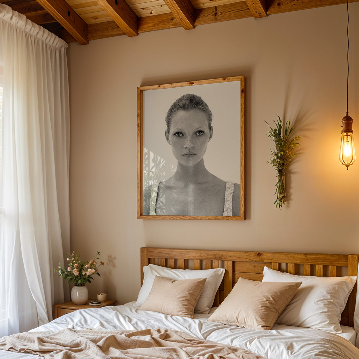 Freckled woman in lace tank top portrait print in a pine frame above a wood headboard bed under a pendant bulb