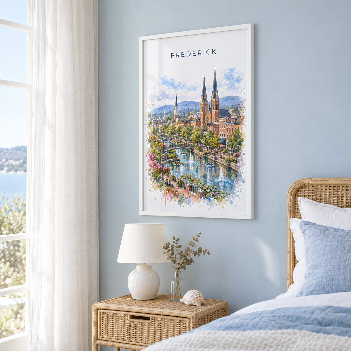 Frederick, Maryland watercolor print in a white frame on a pale blue wall beside a rattan bed in a coastal bedroom