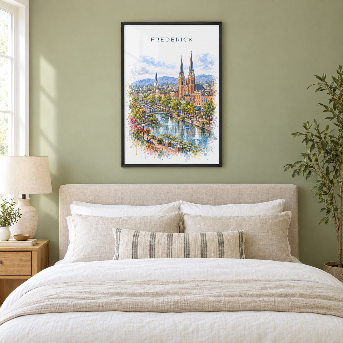 Frederick, Maryland watercolor print in a black frame above an upholstered headboard in a sage green bedroom