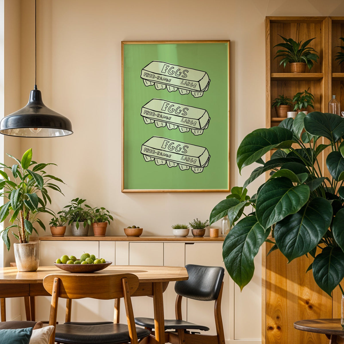 Free range eggs carton print in an oak frame above a sideboard in a plant-filled dining room