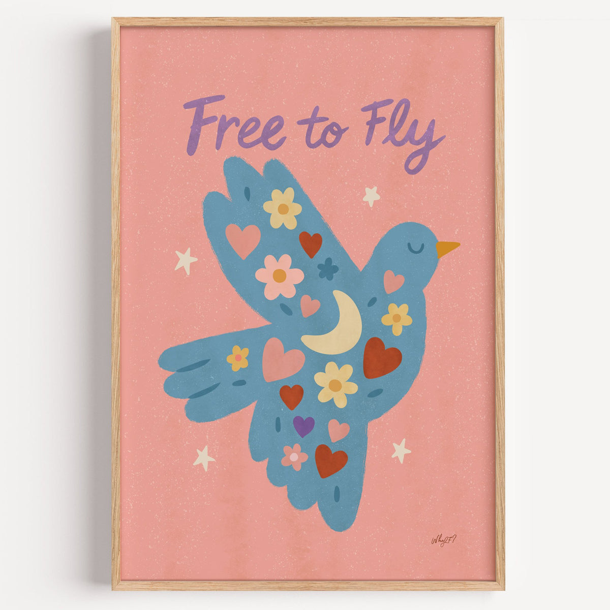 Folk blue bird free to fly nursery print in a light oak frame on a plain white wall