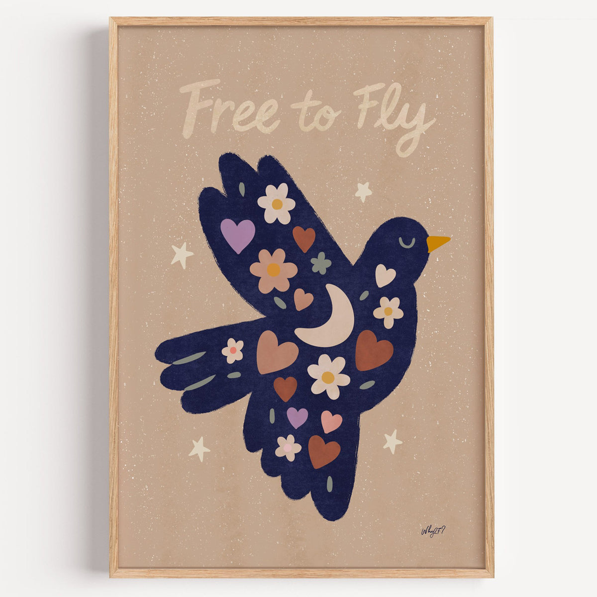 Navy folk bird free to fly nursery print in a light oak frame on a plain white wall