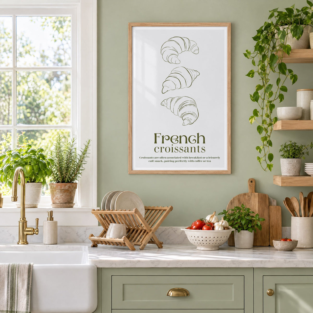 French croissants olive line print in an oak frame on a sage green kitchen wall beside a farmhouse sink and herbs
