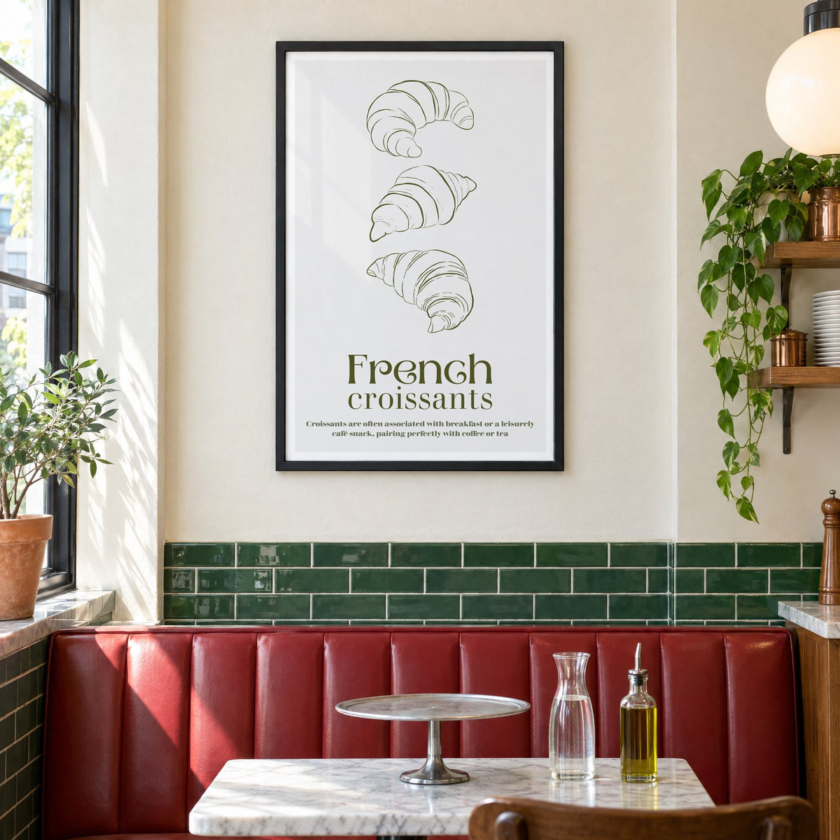 French croissants olive line print in a black frame above a red leather booth in a sunny pizzeria
