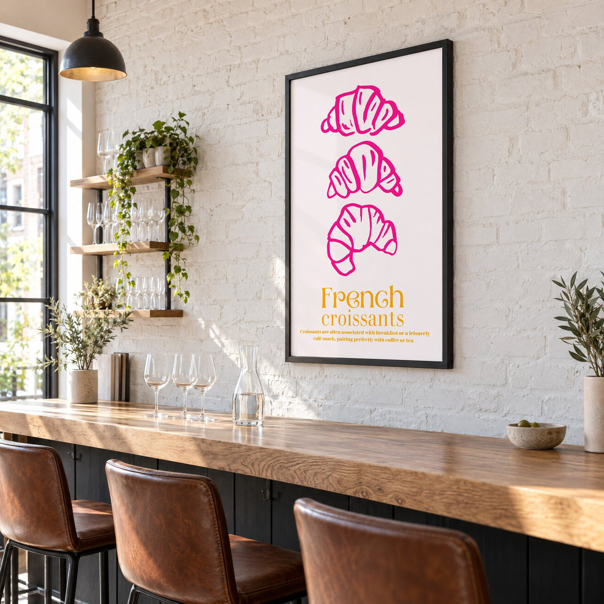 French croissants hot pink line print in a black frame on a white brick wall above a wine bar counter