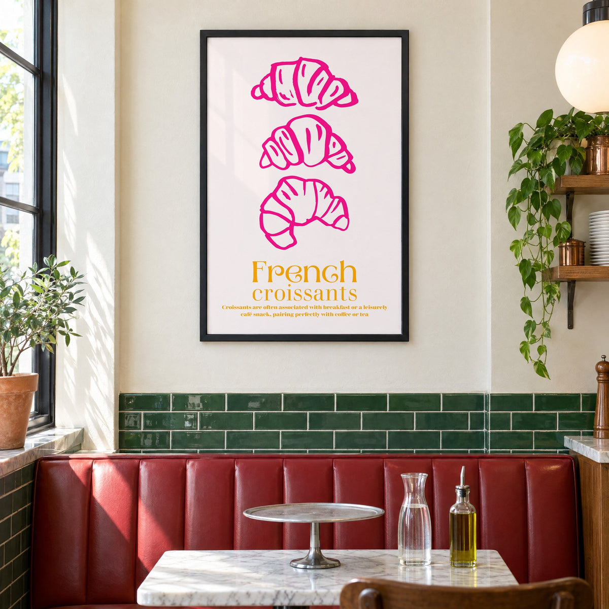 French croissants hot pink line print in a black frame above a red leather booth in a sunny pizzeria
