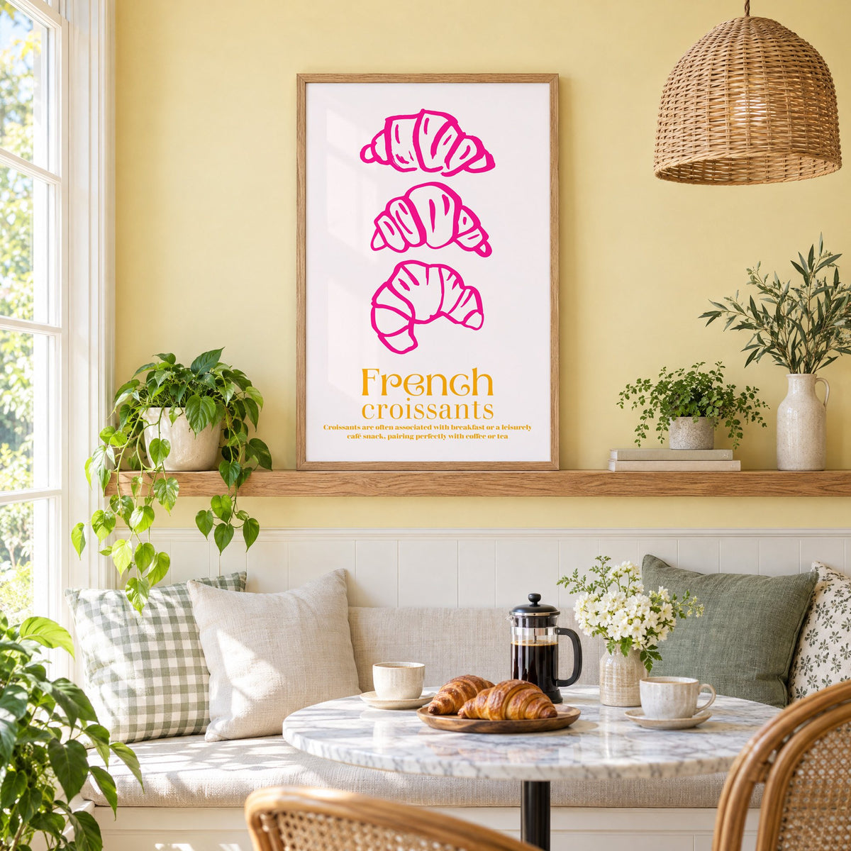French croissants hot pink line print in an oak frame on a picture ledge above a sunny breakfast nook