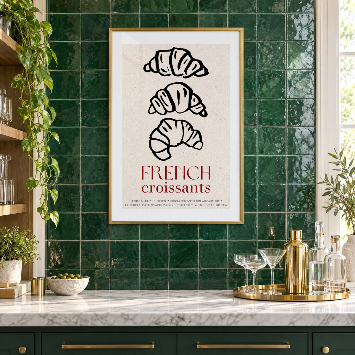 FRENCH croissants black line-art print in a brass frame on emerald green tiles above a home bar with coupe glasses