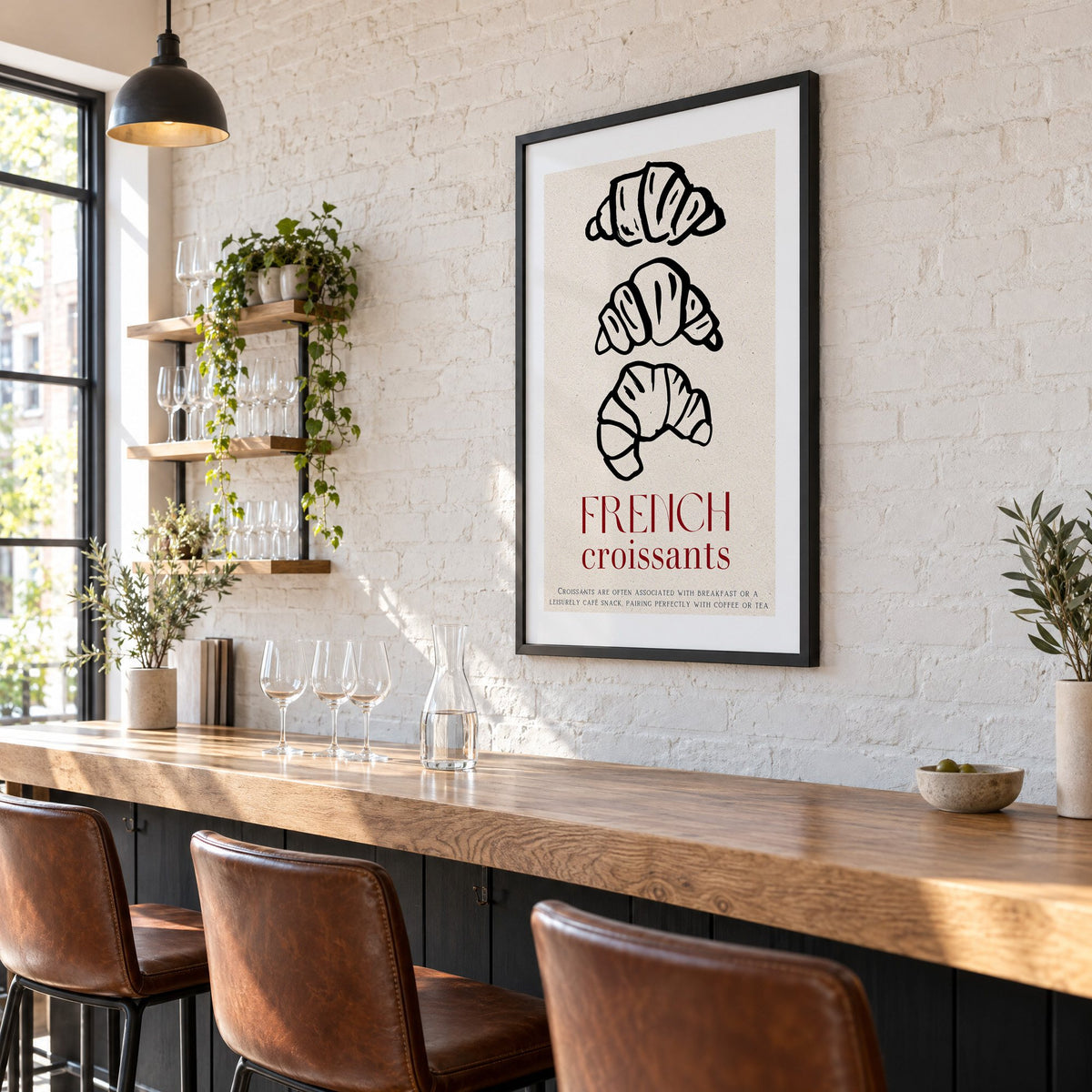 FRENCH croissants black line-art print in a black frame on a white brick wall above a wine bar counter