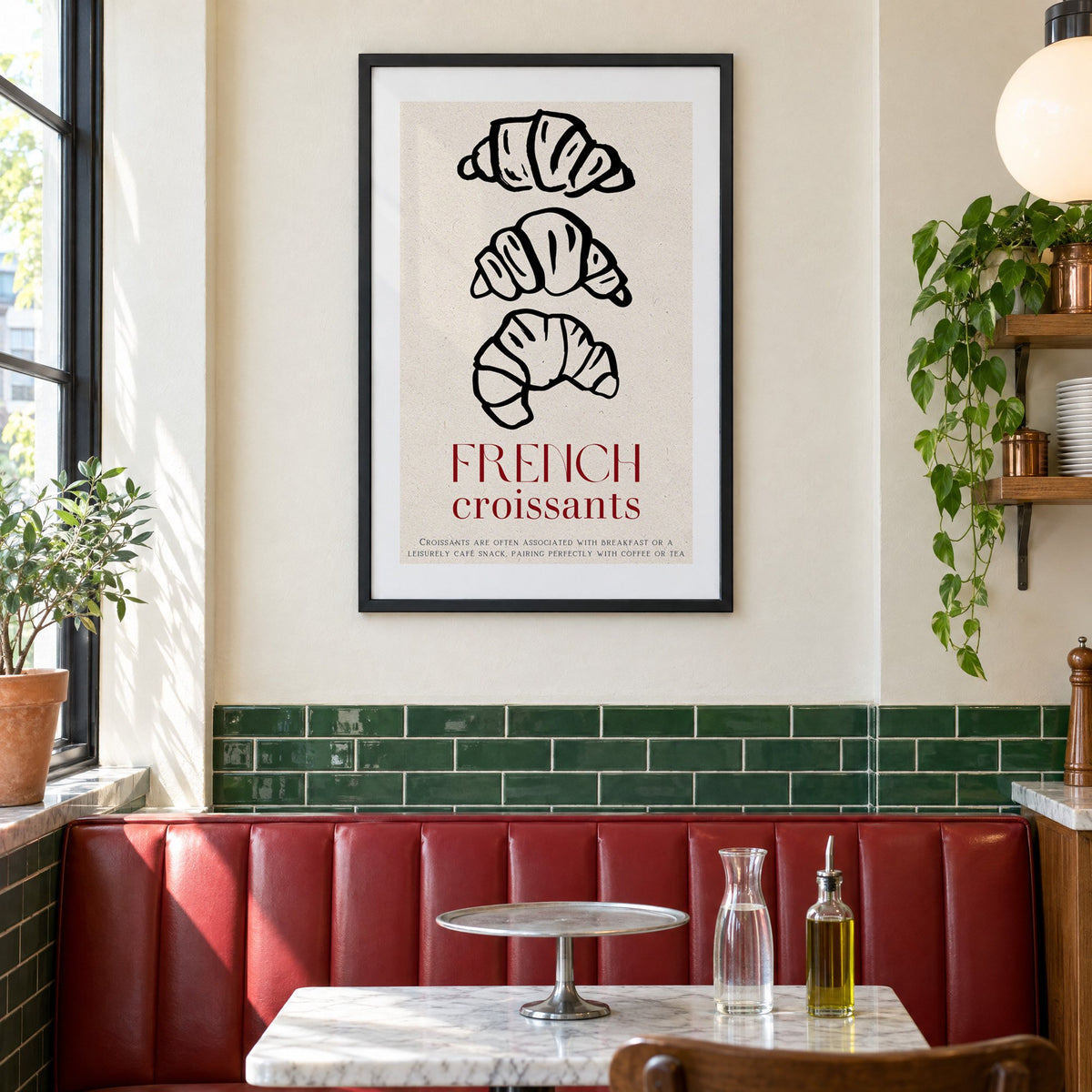 FRENCH croissants black line-art print in a black frame above a red leather booth in a sunny pizzeria