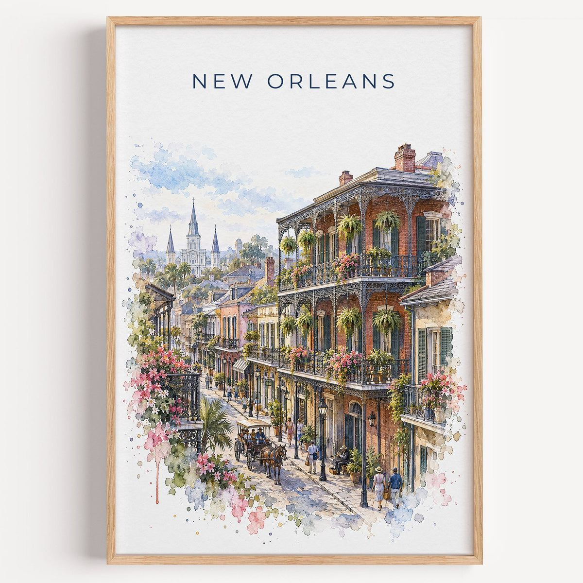 French Quarter New Orleans watercolor print in a light oak frame on a plain white wall