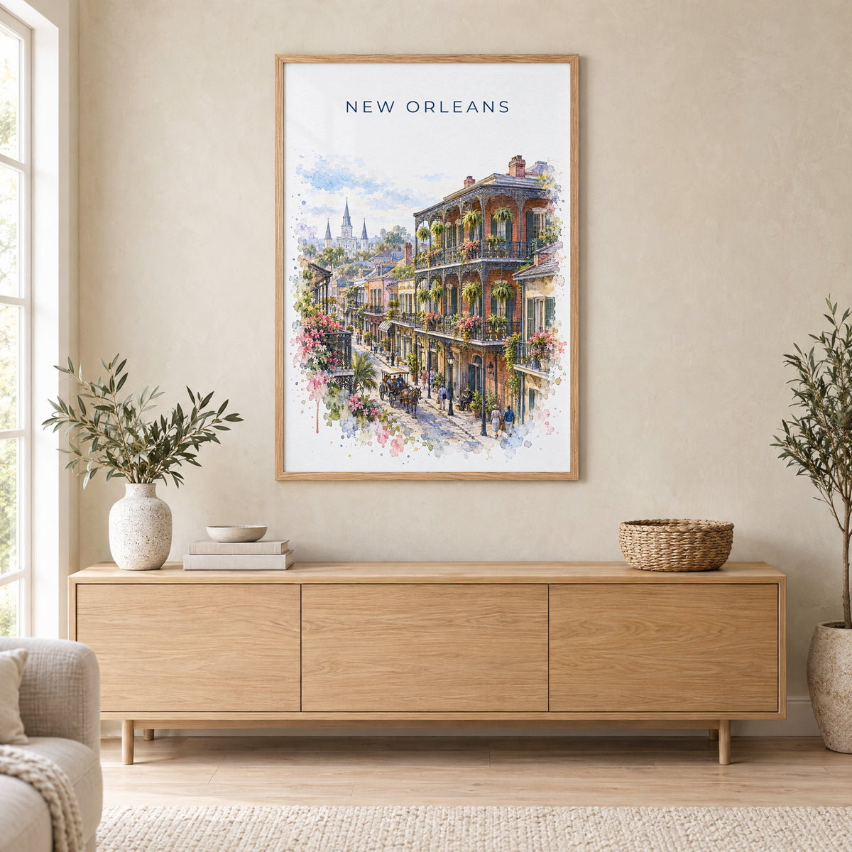 French Quarter New Orleans watercolor print in an oak frame above a light wood sideboard in a Scandinavian living room