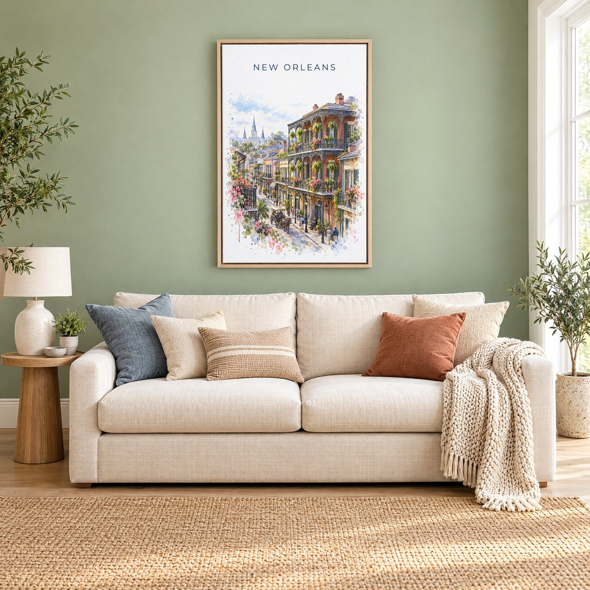 French Quarter New Orleans watercolor print as a natural floater canvas above a cream linen sofa on a sage green wall