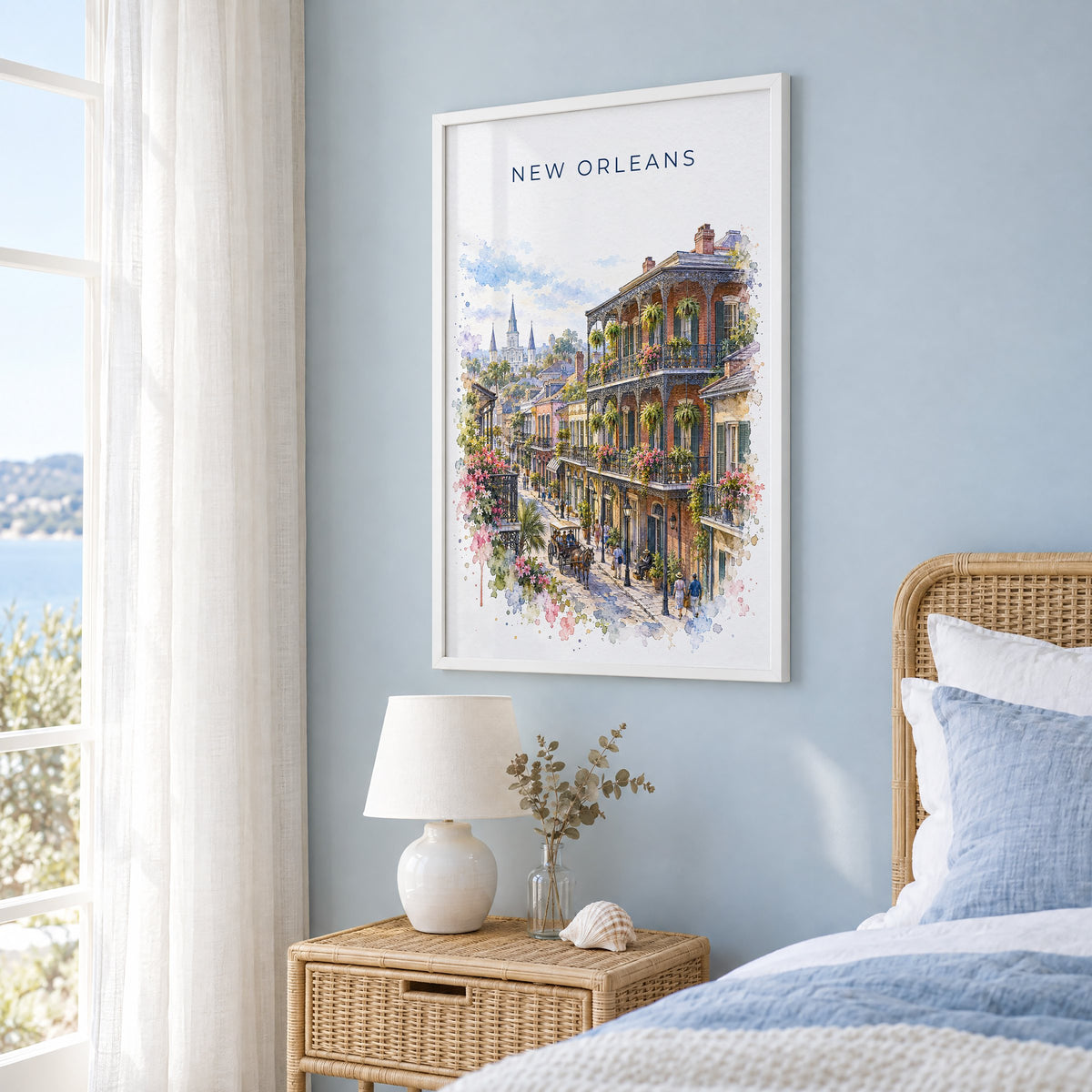 French Quarter New Orleans watercolor print in a white frame on a pale blue wall beside a rattan bed in a coastal bedroom